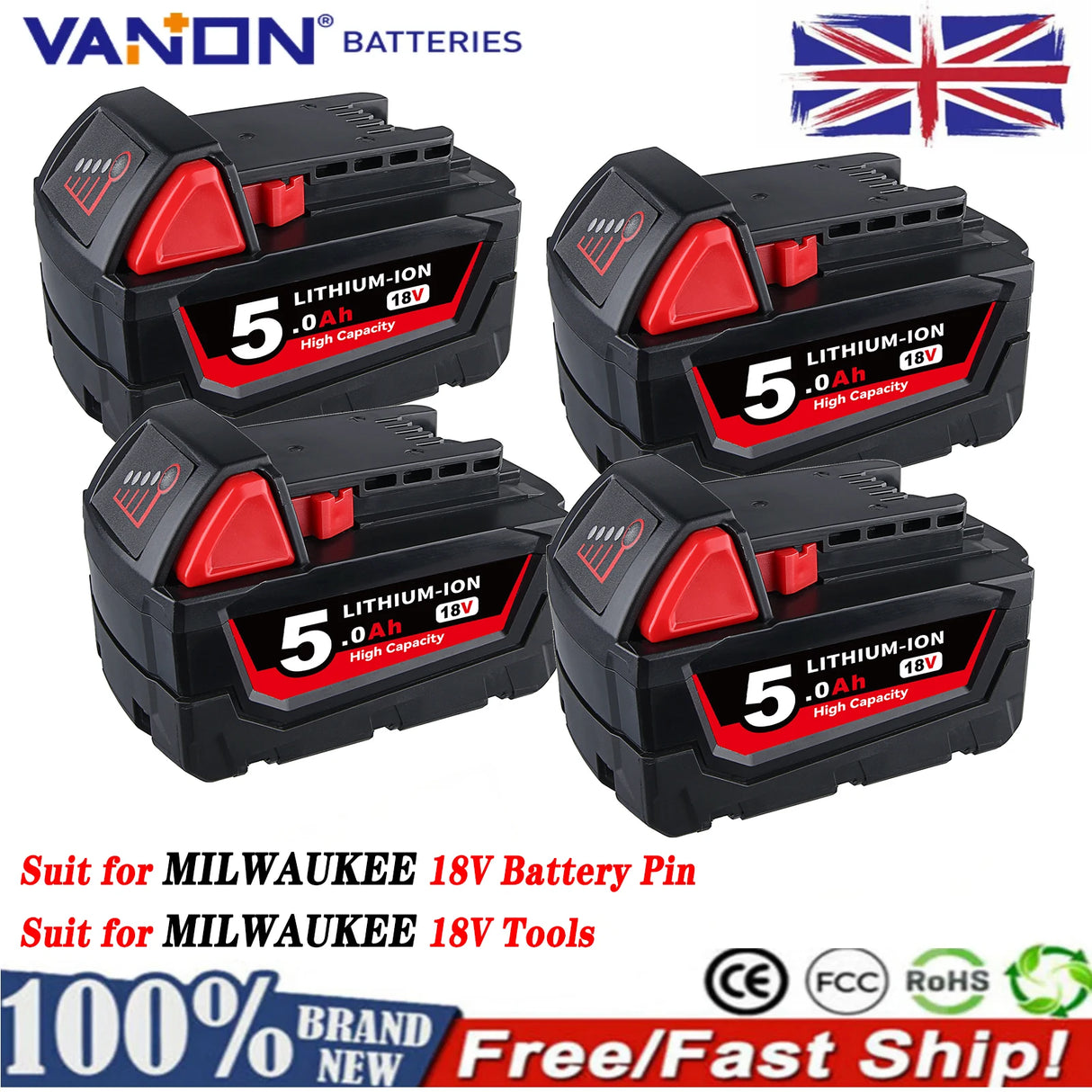 VANON 1/2/4Pcs 5.0Ah M18 Li-on Battery Replace for Milwaukee 48-11-1810 48-11-1820 48-11-1850 48-11-1860 18V Battery Pin