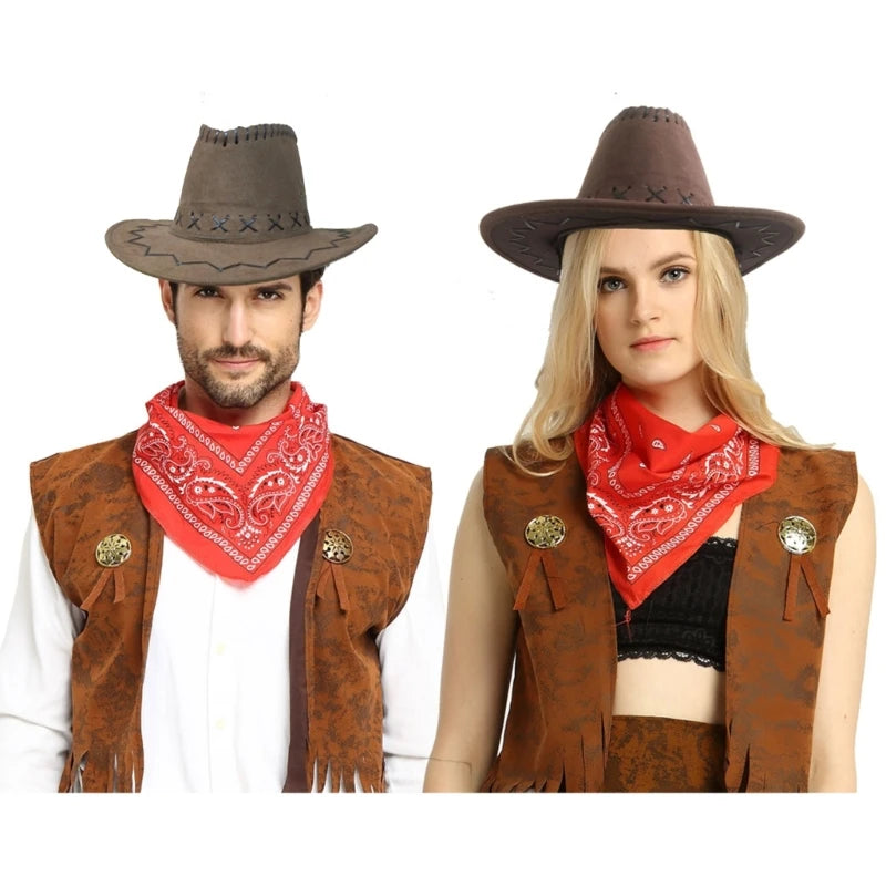 Classic Cow-boy Costumes Includes Cow-boy Hat Vests Scarf Comfortable Wear for Men Women Halloween Party Cos-play