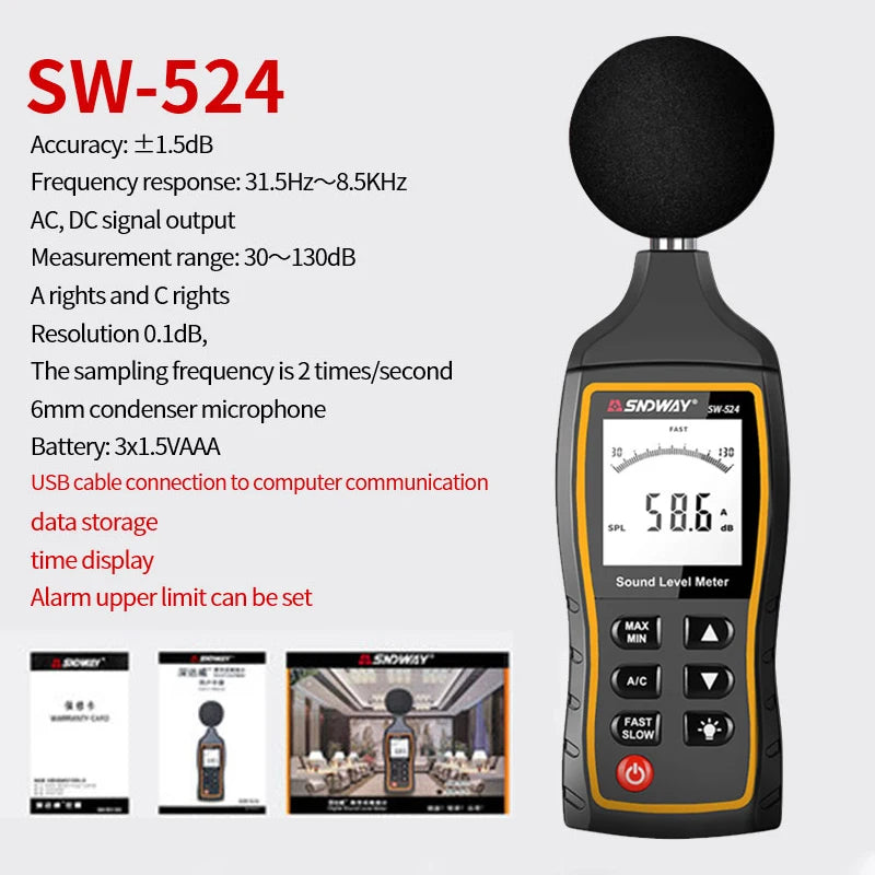 SNDWAY SW-523 SW-524 Digital Sound Level Meter Decibel Monitor Tester dB Measuring Instrument Handheld Noise Audio dB Detector
