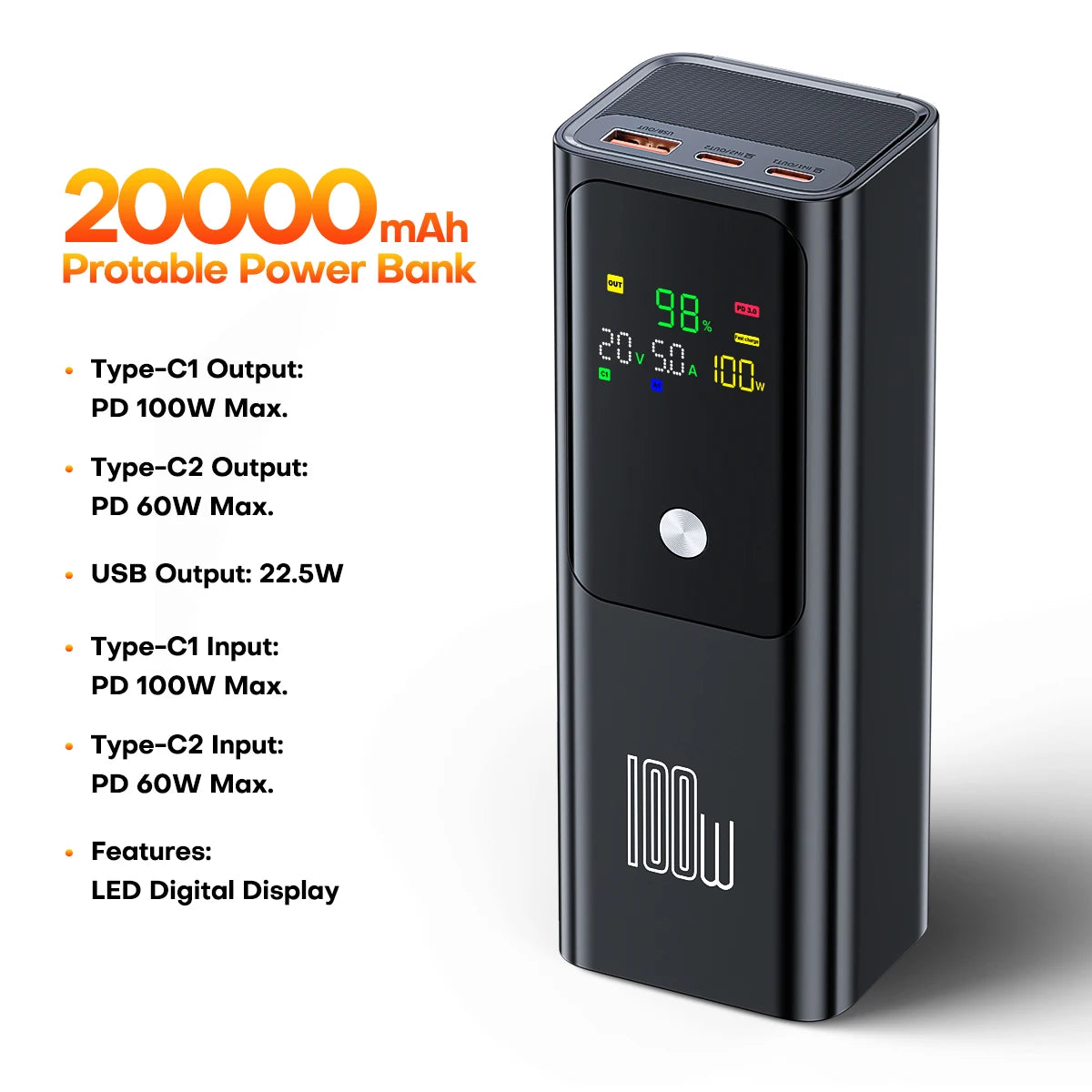 20000mAh portable power bank 100W fast charging