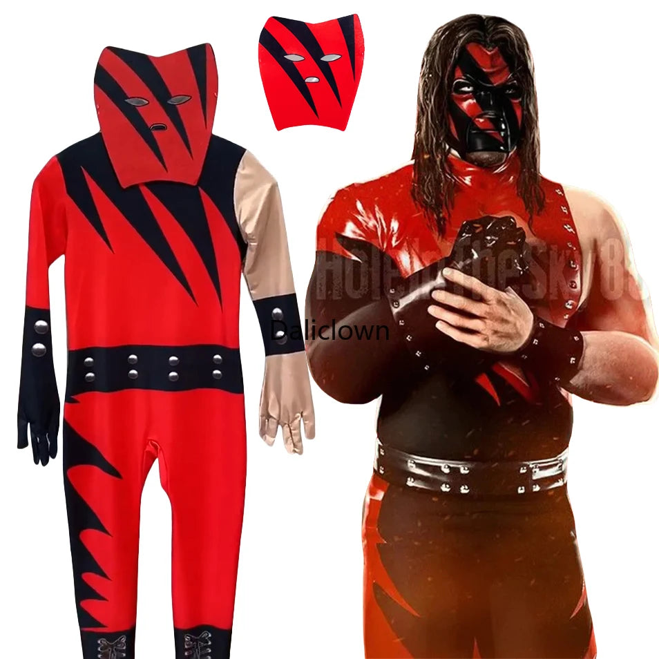 1997 WWE Superstar Wrestler Cosplay Costume Outfit Kids Child Tight Clothes Halloween Jumpsuit WWE Kane Cosplay Mask Suit