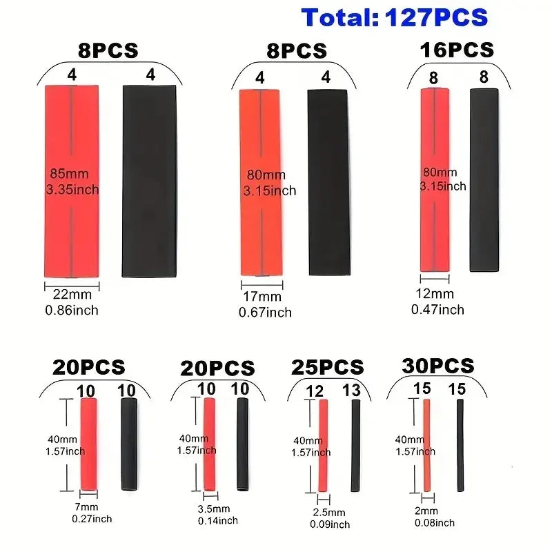 127PCS Black Red Heat Shrink Tubing 2:1 Assortment Polyolefin Tube Car Cable Sleeving Wrap Wire Kit