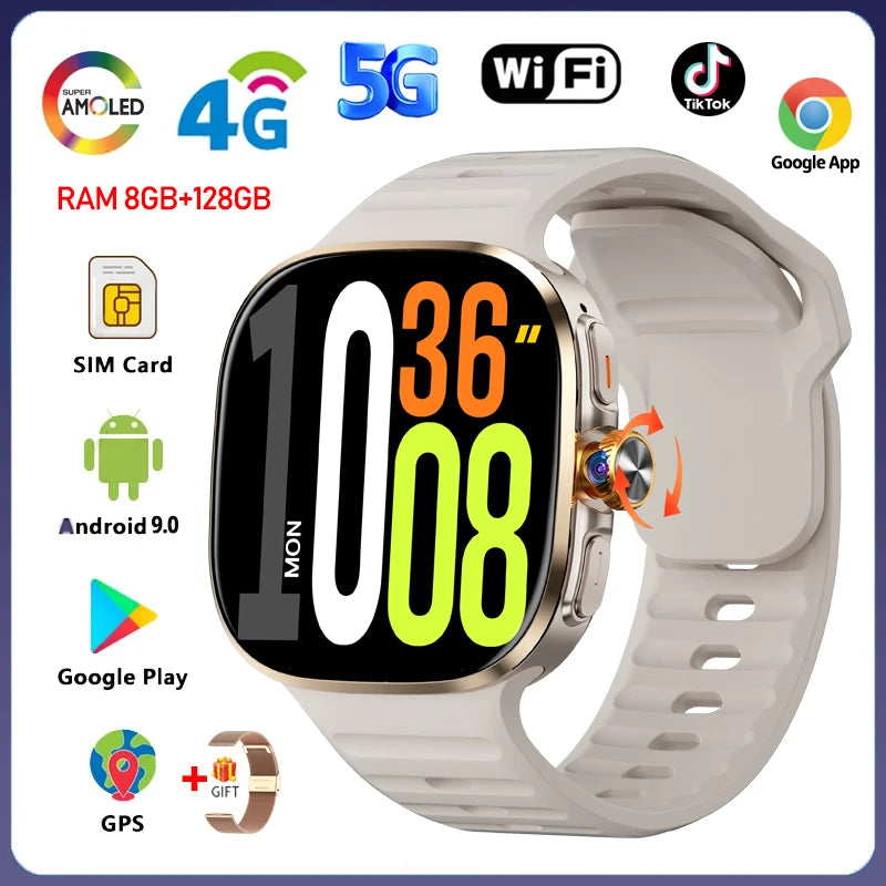 5G/4G Smart Watch 2.4 inch AMOLED 2100mah Battery 900W Camera GPS WIFI Google APPS Download 8GB+128GB RAM Smartwatch Android 10