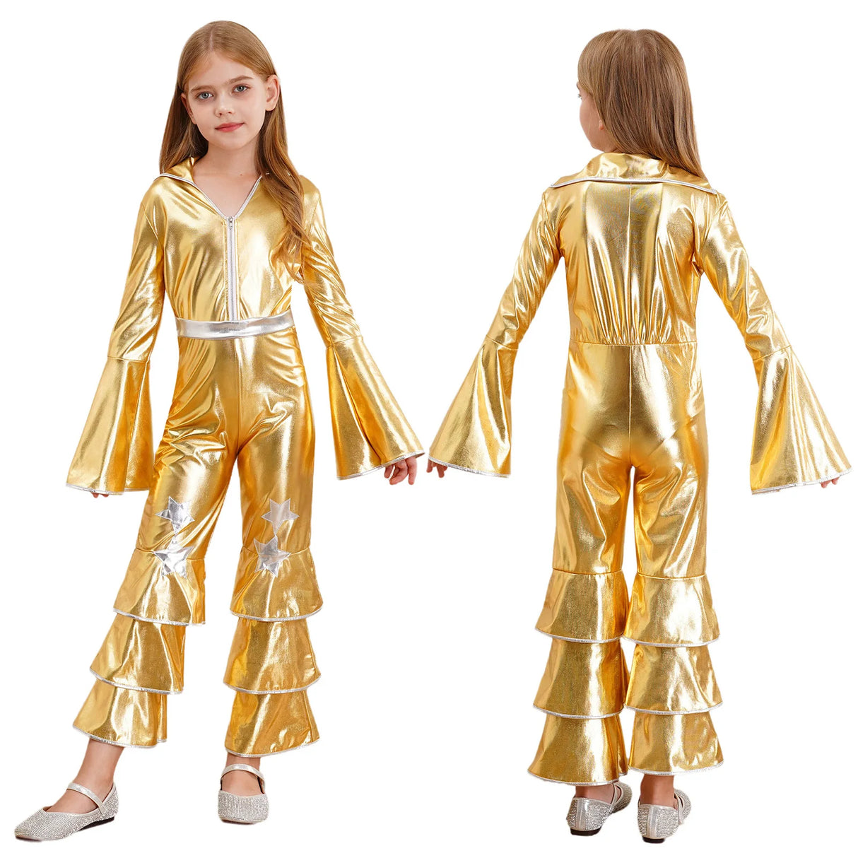 Girls Hippie Costume Cosplay Vintage 60s 70s Disco Stage Performance Dancing Jumpsuit Carnival Shiny Singer Hippies Costumes