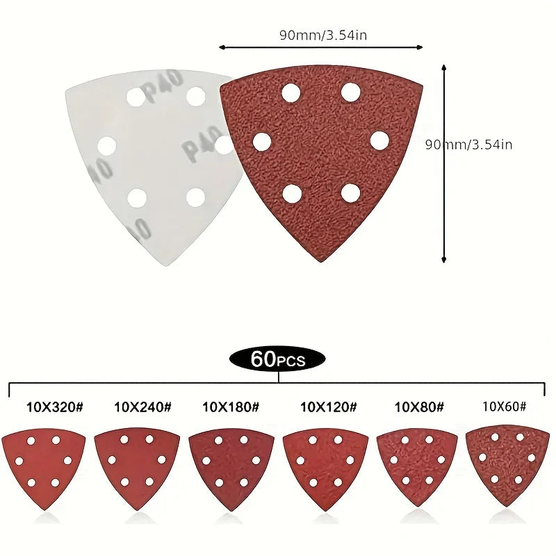 60pcs Triangle Sanding Pads - 6 Holes, 60/80/120/180/240/320 Grits For Delta Sanders/Multi-Sanders - Perfect For Your Toolbox!