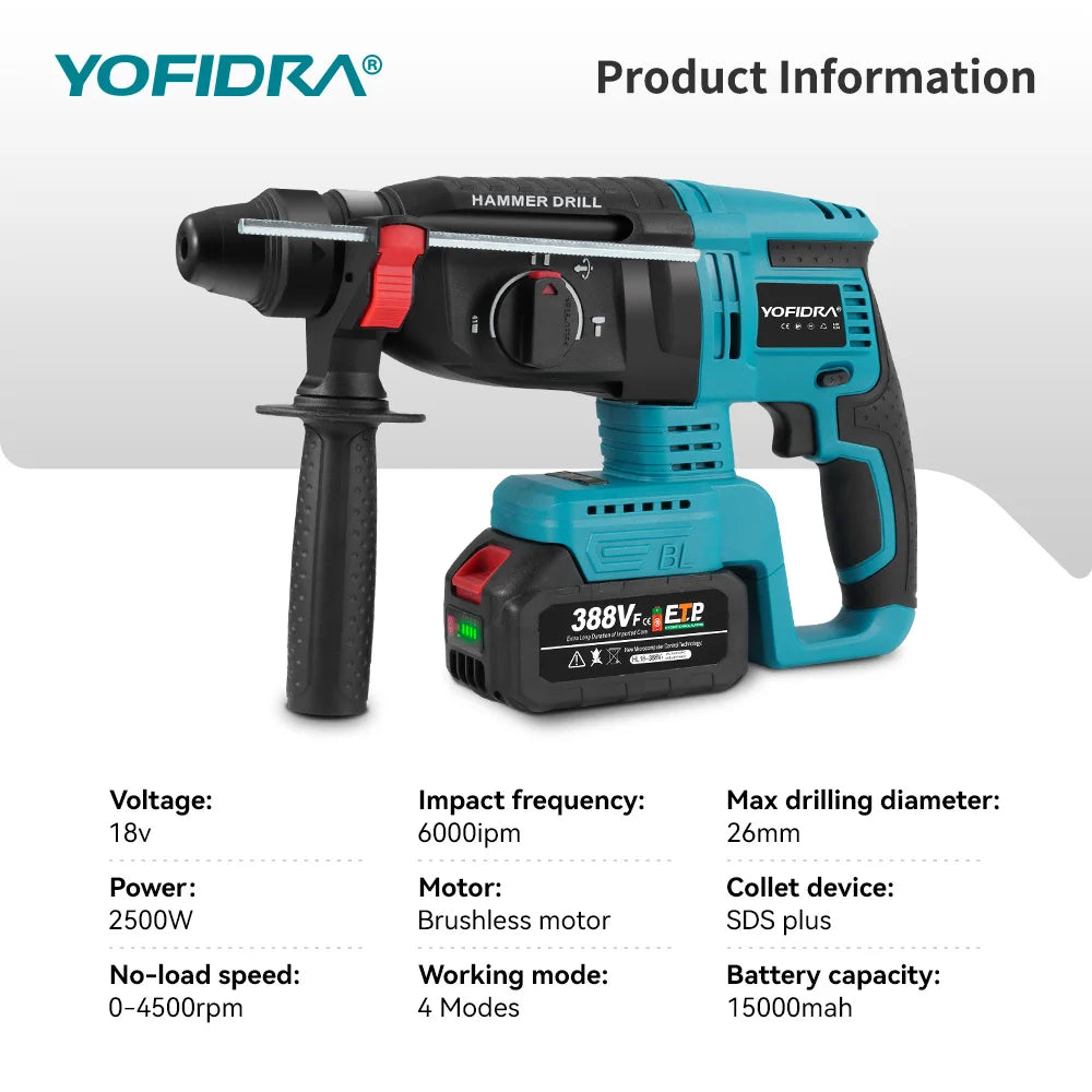 YOFIDRA Brushless Electric Hammer Impact Drill 26MM Cordless Woodworking Impact Drill Power Tools Set For Makita 18V Battery Pin