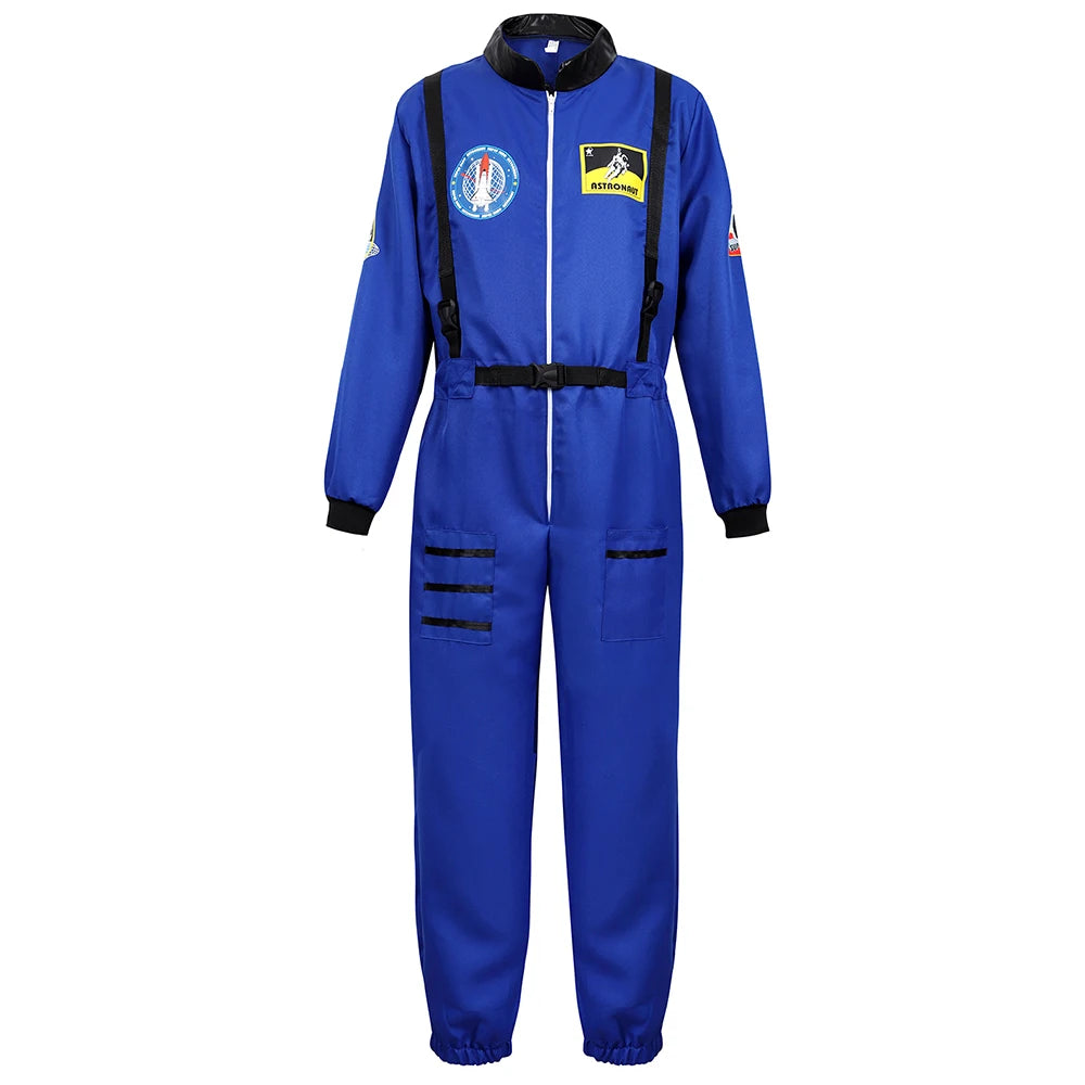 Adult Astronaut Costume for Women Men Flight Suit Costume Cosplay Space Astronaut Blue Full Body Jumpsuit with Zipper Carnival