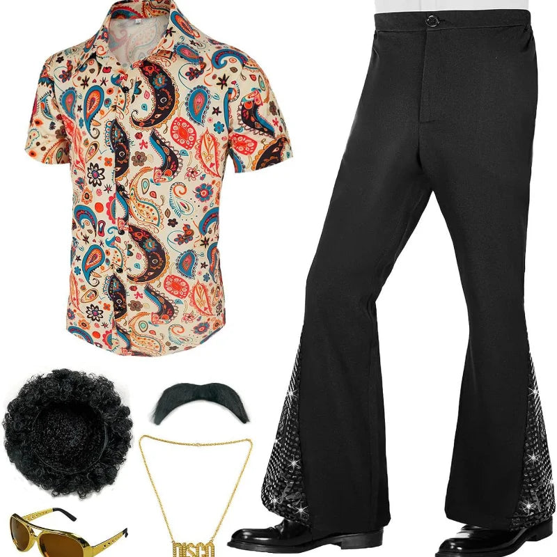 60s 70s Hippie Halloween Costume Sequins Pants Shirt Tops Bell Bottom Men's Flared Trouser Adult Disco Singer Dance Shiny Outfit