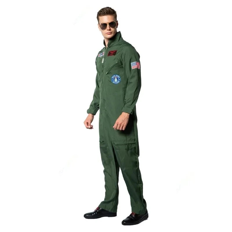 Top Gun Movie Cosplay American Airforce Uniform Halloween Costumes for Men Kids Adult Army Green Pilot Jumpsuit Astronaut