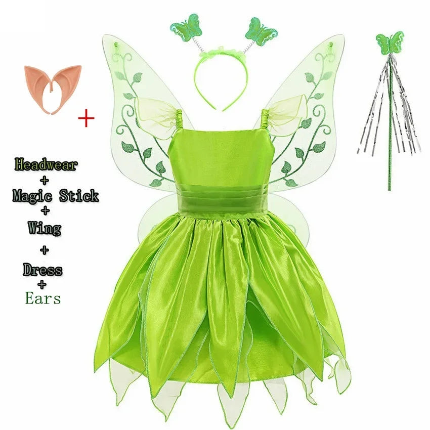 Girls Fairy Tinker Bell Costume Halloween Carnival Elves Party Peter Pan Cosplay Costume for Kids Green Tinkerbell Fancy Dresses