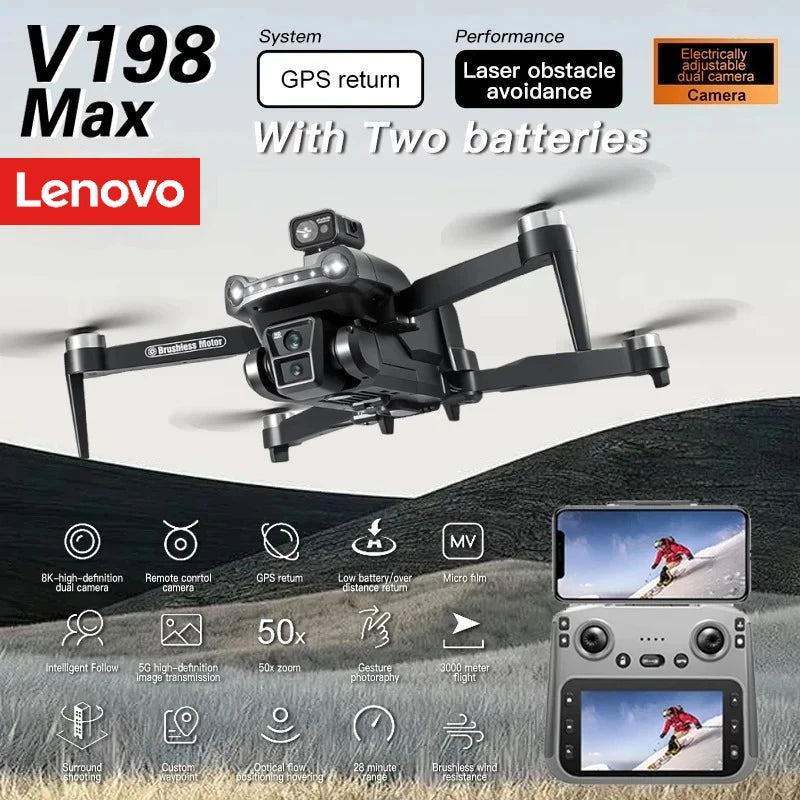Lenovo V198Max GPS Drone 4K Professional 8K HD Two Camera Brushless Motor 5G WIFI FPV RC Quadcopter Helicopter with Screen toy