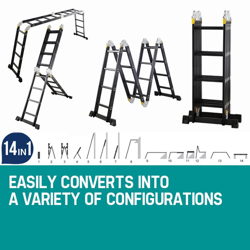 Heavy Duty 4.7M Folding Ladder Aluminium Multi-Purpose 14 IN 1 Combination Ladders 4x4 Step Black with 2 Working Platform