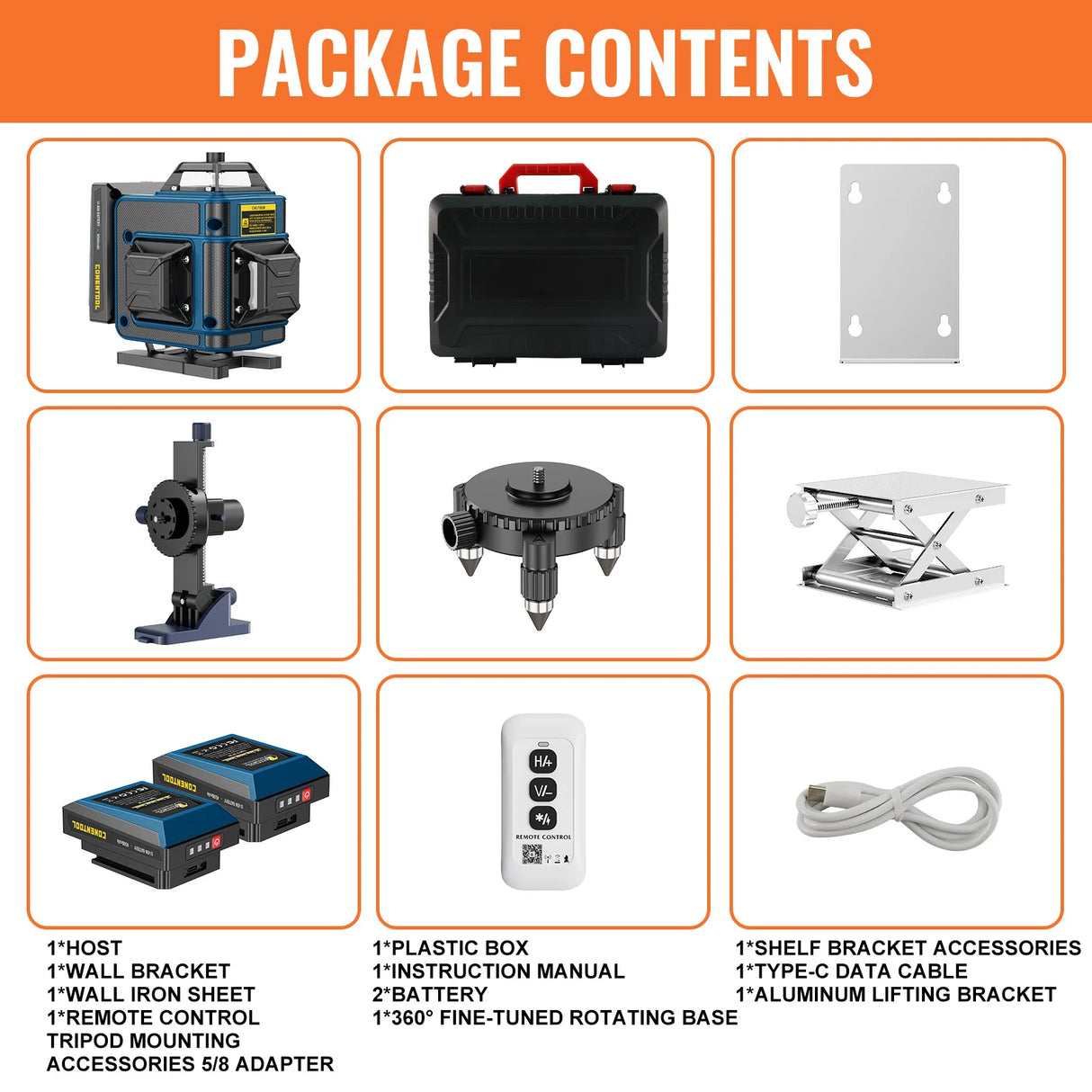 Conentool Lasers Levels 16 Lines Green Horizontal And Vertical 360°Self-leveling 4D Lasers Levels Tools 2pcs Set 4500mAh Battery