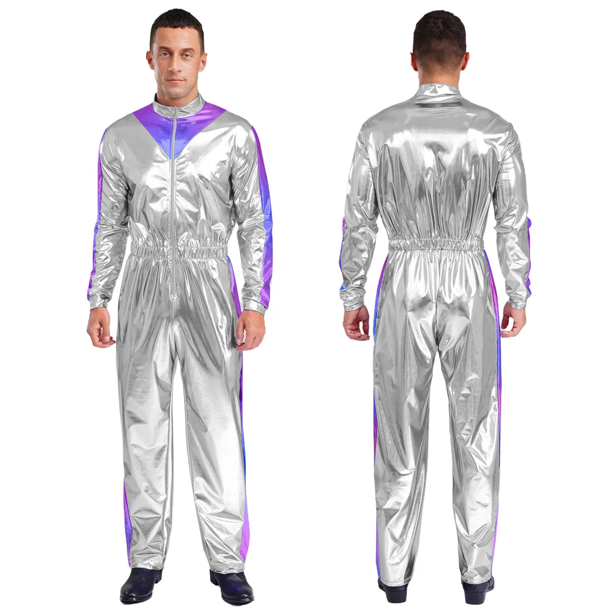 Men Astronaut Space Cosplay Costume Shiny Bodysuit Long Sleeve Elastic Waistband Jumpsuit Fashion for Party Club Halloween Role