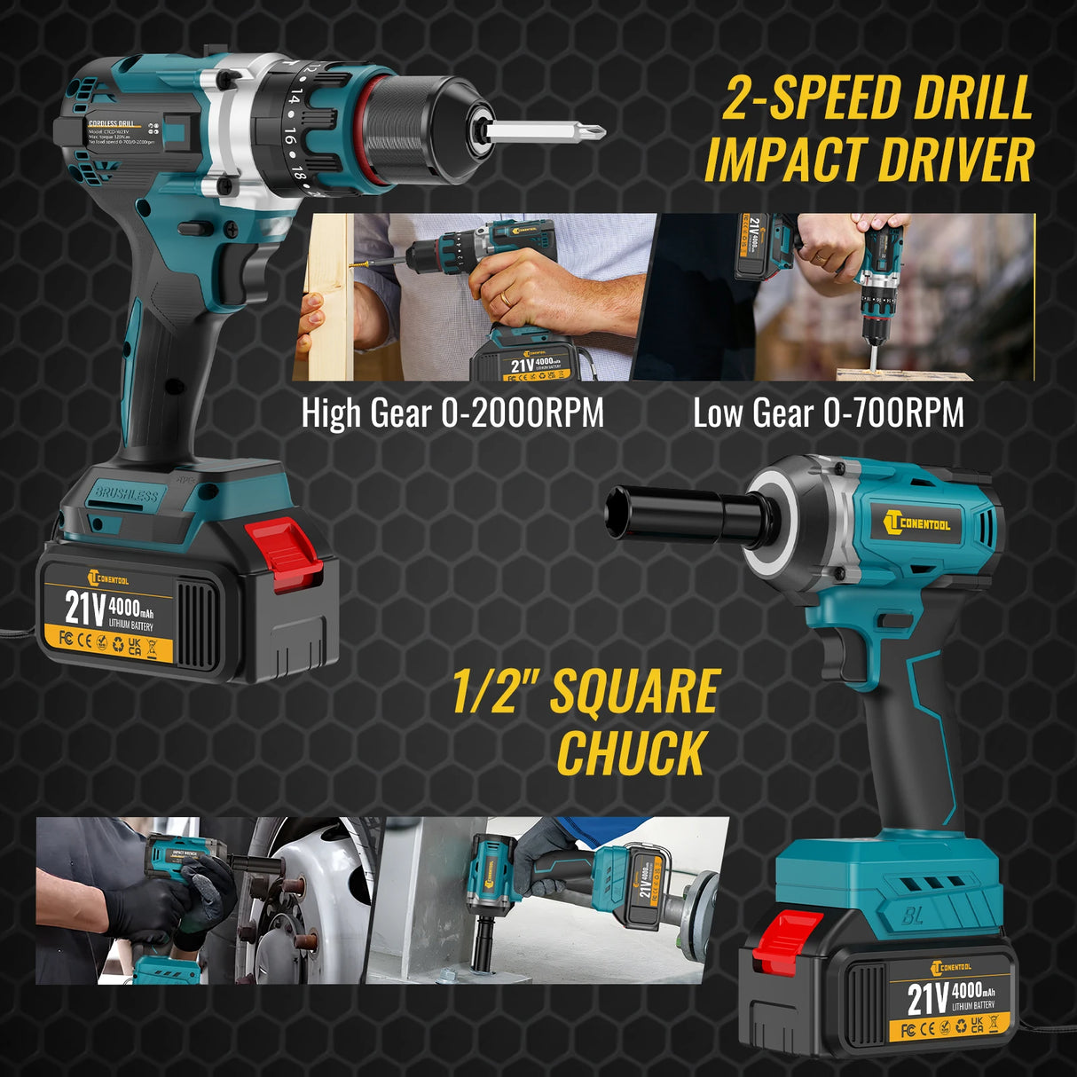 CONENTOOL 21V 520N.m Brushless Electric Impact Wrench Drill Driver Power Tool Combination 120N.m Drill Screwdriver with Battery