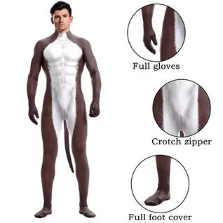 Halloween Costume Adult Mens Wild Animal Cosplay Costume Full Cover 3D Print Beast Petsuit Jumpsuit Bodysuit Tail