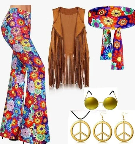 70s 80s Women Hippie Costume Set Bell Bottom Flared Pant for christmas party Halloween Cosplay