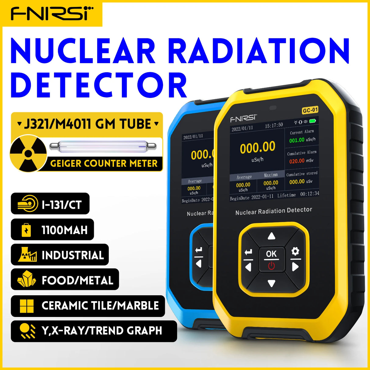 FNIRSI GC-01 Geiger Counter Nuclear Radiation Detector Personal Dosimeter X-ray γ-ray β-ray Radioactivity Tester Marble Detector
