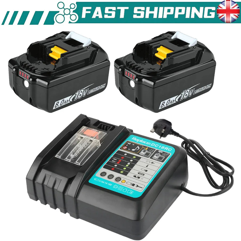 2x 18V 8Ah For Makita LXT Lithium-ion Battery and DC18RC Charger BL1830 BL1815 BL1850 Compatible with Makita 18v Battery