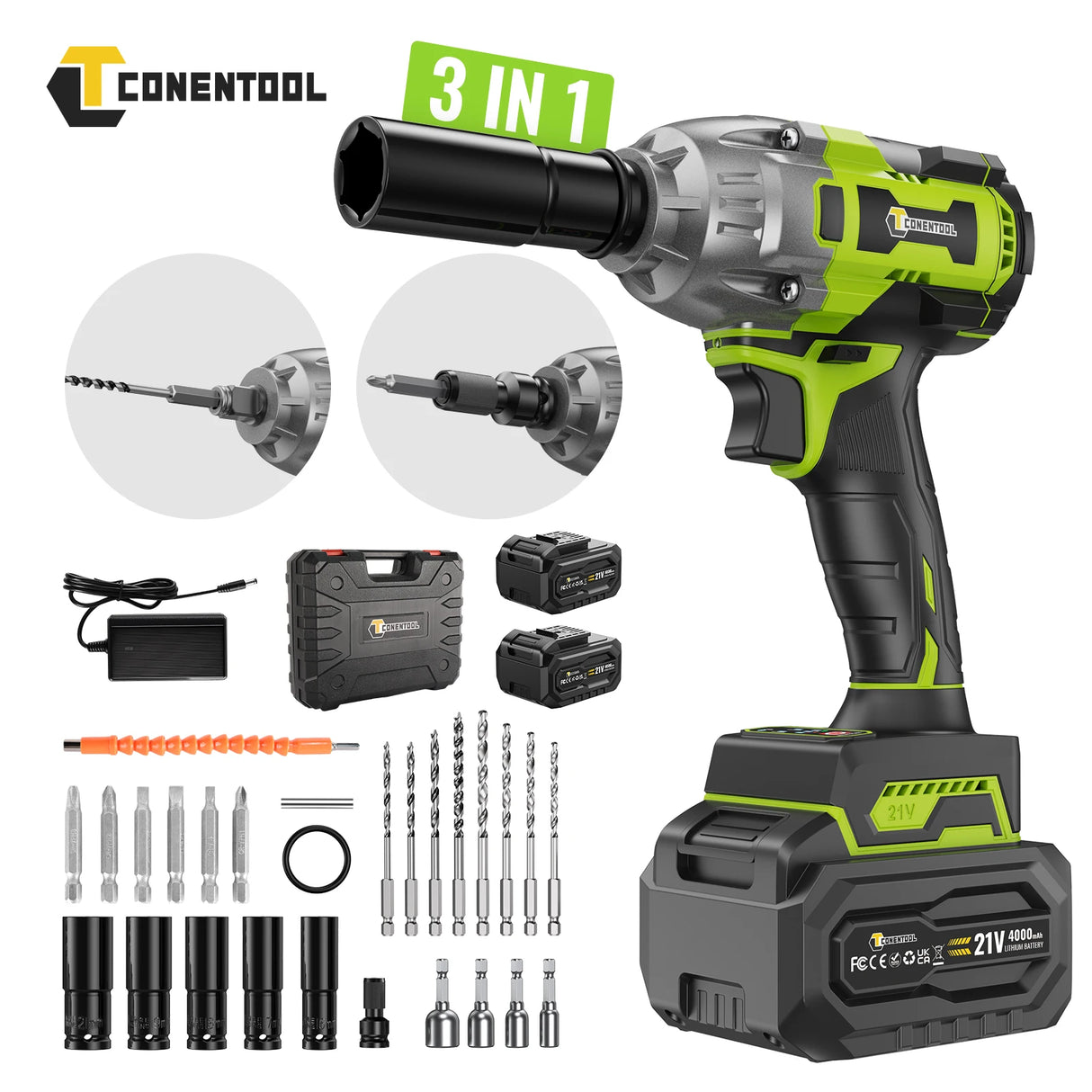 CONENTOOL 21V Cordless Impact Wrench, 1/2” Brushless, 520Nm, with 2x 4000mAh Batteries, Electric Impact Gun Set for Car and Home