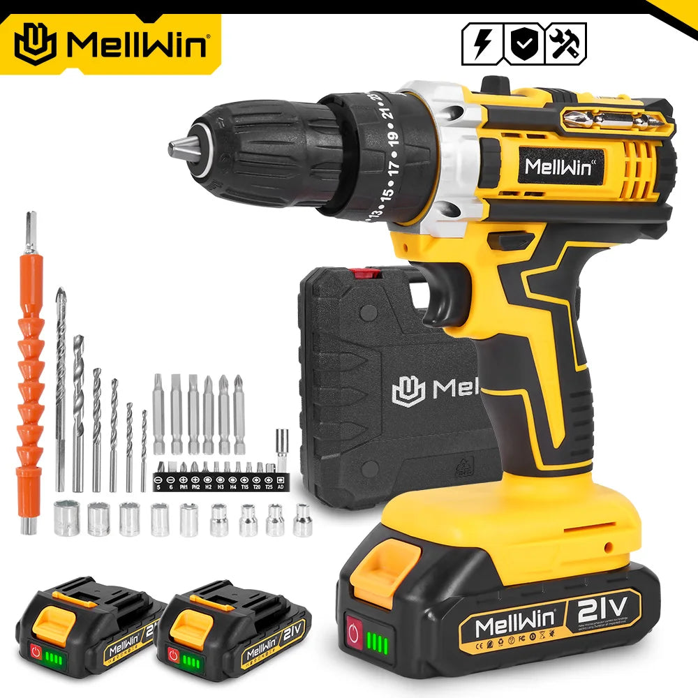 MELLWIN 25+3 Torque Electric Impact Drill 2 Speed Adjustable Cordless Electric Screwdriver Power Tool For Makita 18V Battery Pin