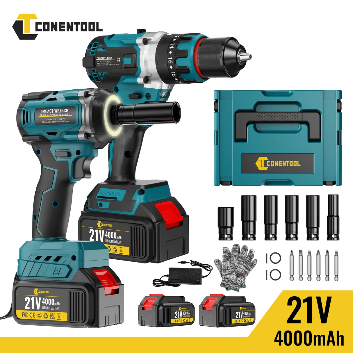 CONENTOOL Cordless Impact Wrench 520Nm 1/2" + Cordless Drill 120Nm 3/8" + 2x 4000mAh Battery + 6 Sockets + Charger + Carry Case