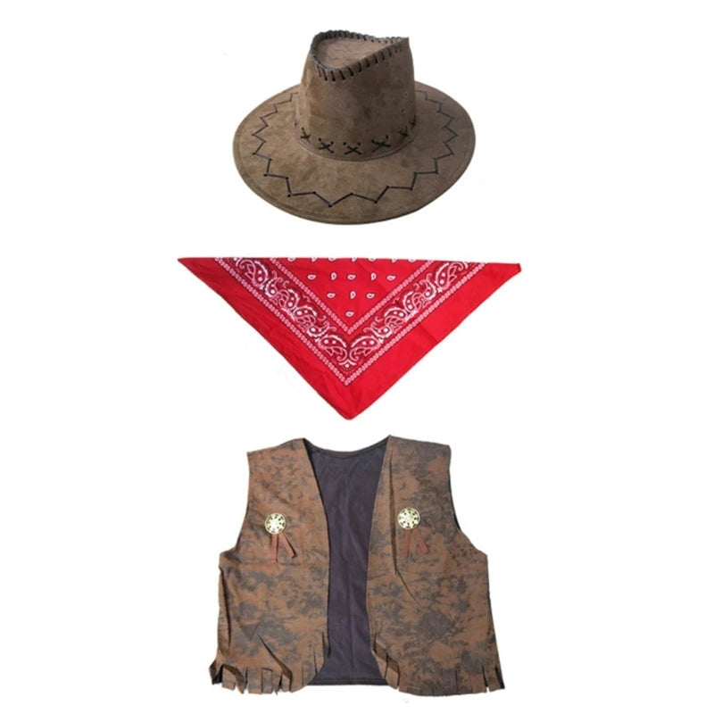 Classic Cow-boy Costumes Includes Cow-boy Hat Vests Scarf Comfortable Wear for Men Women Halloween Party Cos-play