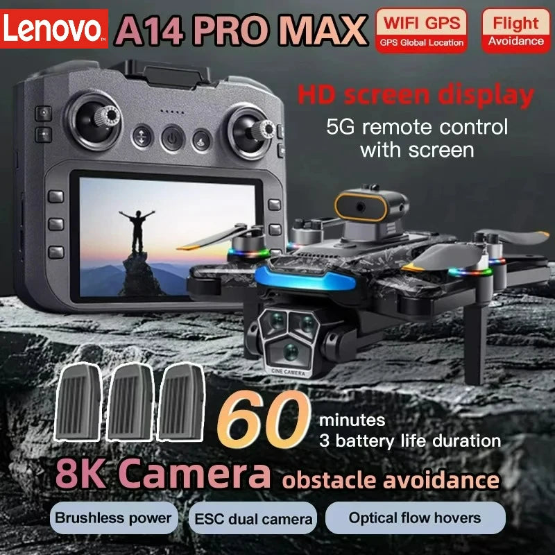 Lenovo A14Pro max GPS Brushless 8K three Camera Optical Flow Obstacle Avoidance Foldable Quadcopter RC Distance Drone Toys