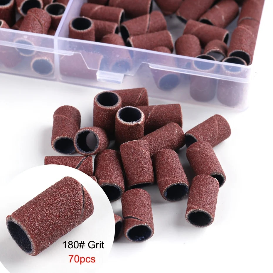 210pcs/Box Sanding Cap Bands For Electric Manicure Machine 180/120/80 Grit Nail Drill Grinding Bit Files Pedicure Tool Set
