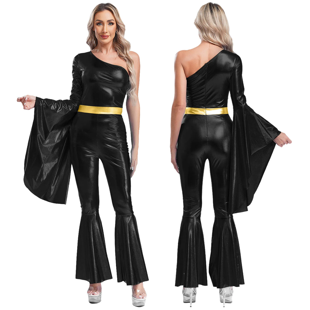 Womens 60 70s Disco Costume Hippie Outfits Halloween Carnival Party Hip-hop Dance Costumes Shiny Metallic Bodysuit Jumpsuit