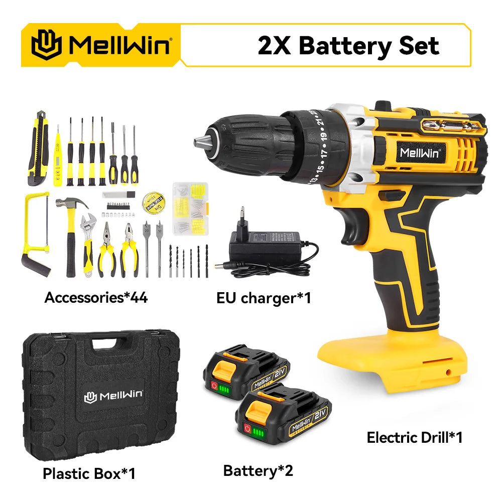 MELLWIN 25+3 Torque Electric Impact Drill 2 Speed Adjustable Cordless Electric Screwdriver Power Tool For Makita 18V Battery Pin