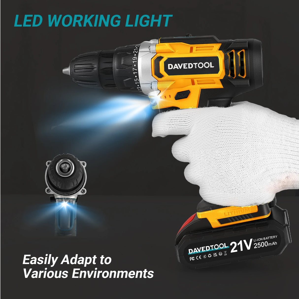 DAVEDTOOL 21V Cordless Drill Multifunctional Impact Screwdriver 2pcs Battery and 24pcs Tool 2 Gear Speed Electric Drill Driver