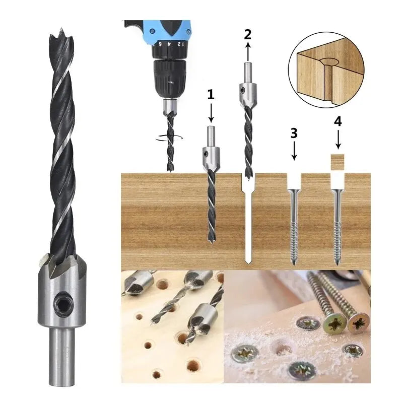 4pc Three Pointed Woodworking Counterbore Drill 3-6mm Reaming Drill Screw Chamfering Drill Bit Hole Opener Tool Set