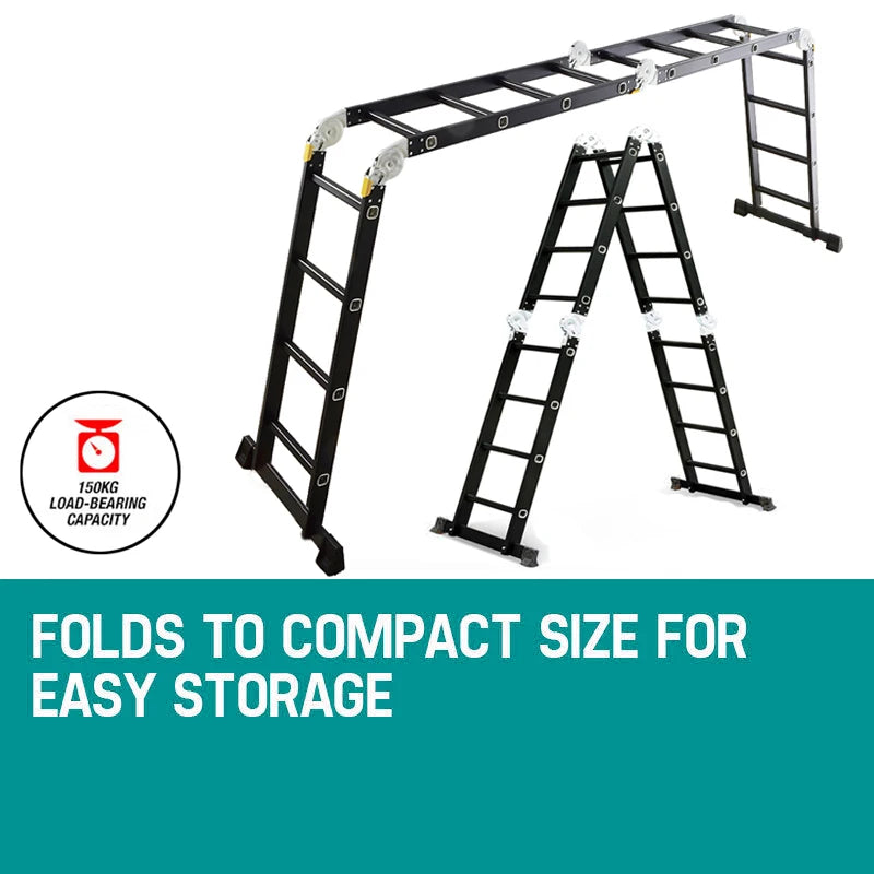 Heavy Duty 4.7M Folding Ladder Aluminium Multi-Purpose 14 IN 1 Combination Ladders 4x4 Step Black with 2 Working Platform