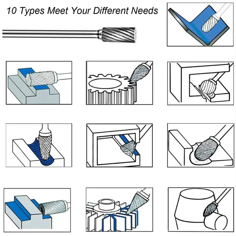 Rotary Carbide Burr Set 1/8" Shank, 1/4" Head Length Tungsten Steel for Woodworking Drilling Metal Carving Engraving Polishing