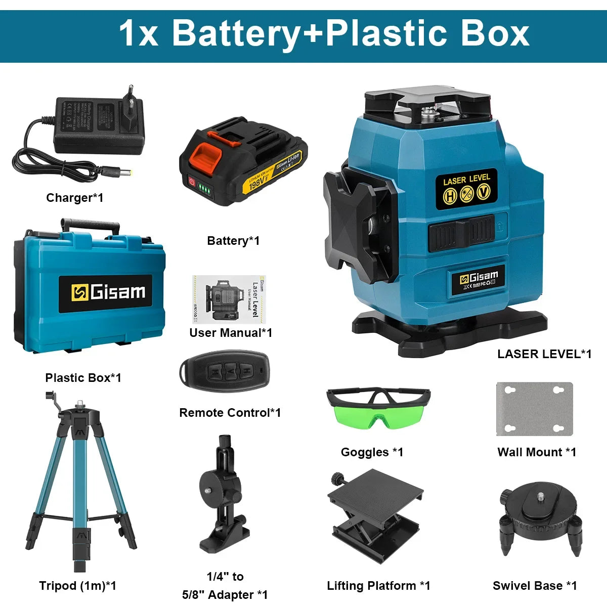 Gisam 16 Lines Laser Level Tripod Green Line SelfLeveling 360 Horizontal & Vertical Remote Control For makita 18v battery pins