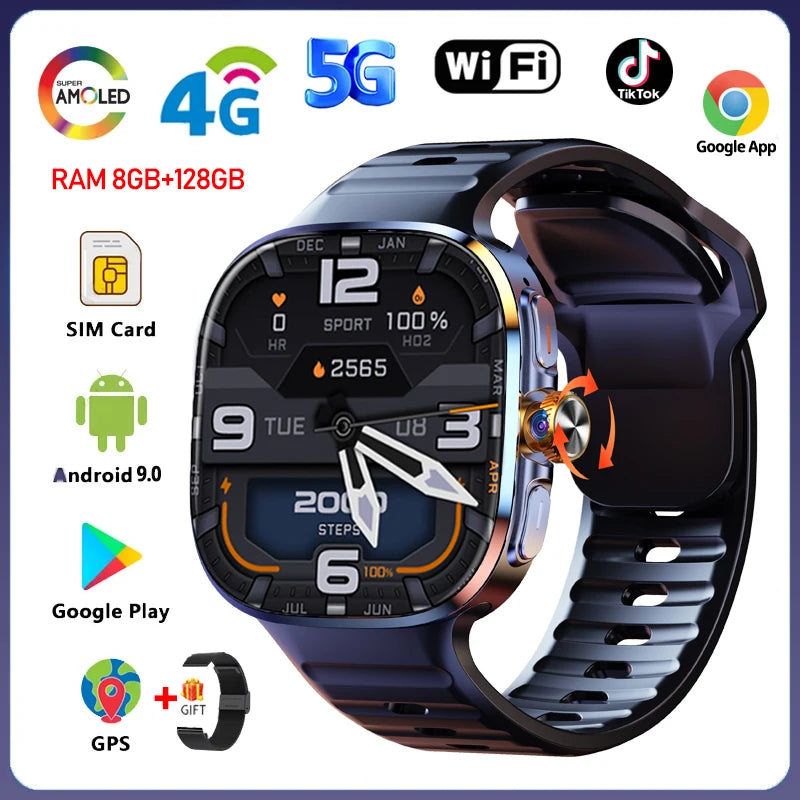 5G/4G Smart Watch 2.4 inch AMOLED 2100mah Battery 900W Camera GPS WIFI Google APPS Download 8GB+128GB RAM Smartwatch Android 10