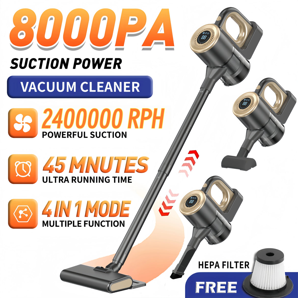 Multifunctional Handheld Vacuum Cleaner, 8Kpa Super Suction Power, 6000Mah Battery USB Charging, Brushless Motor, Adjustable Rod-Type Carpet Cleaner, Household Cleaning Tool