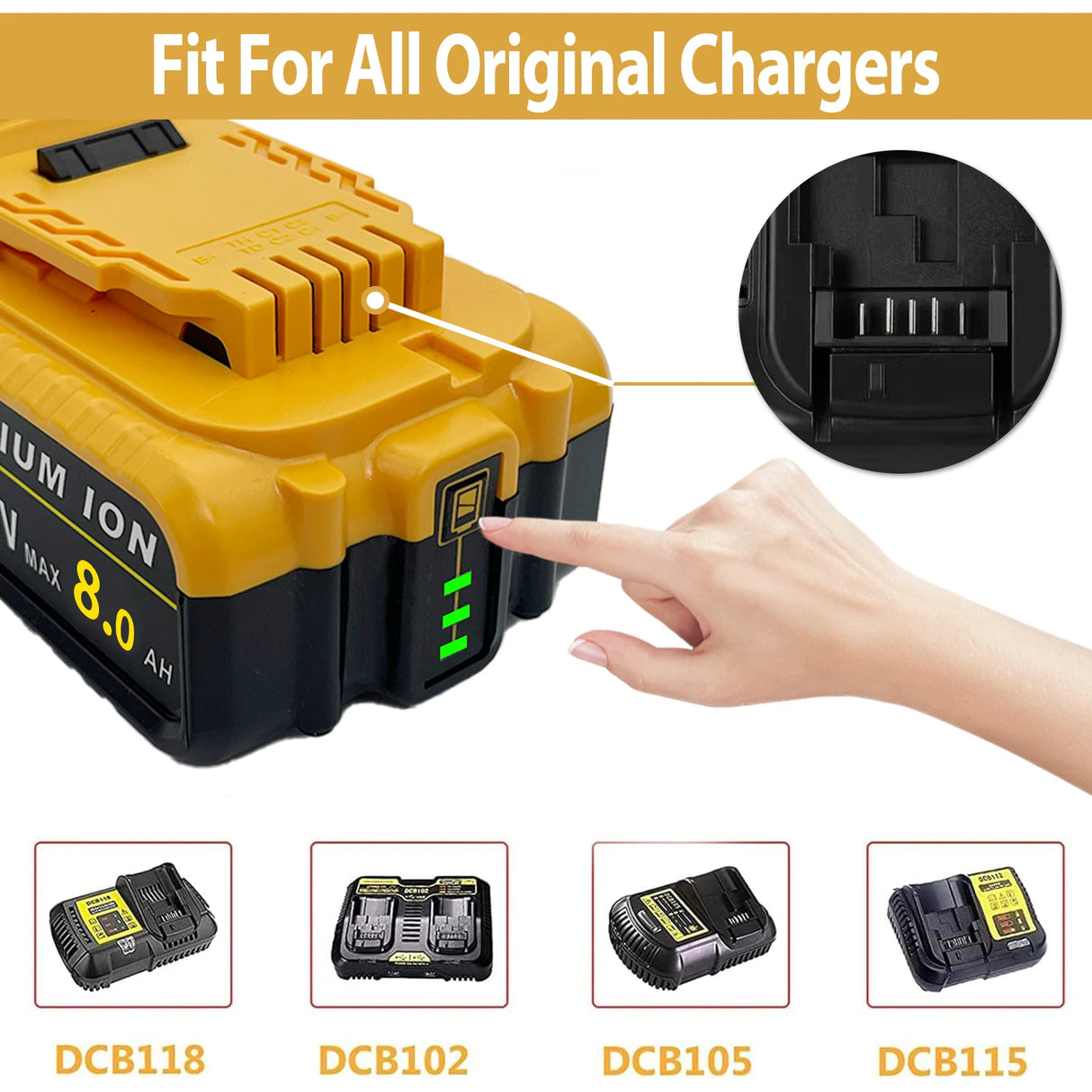 2Pack 8.0Ah Compatible with Dewalt DCB184 18V XR slide Li-Ion Battery DCB182 DCB183 DCB180 DCB200 Lithium-Ion Power Tool Max