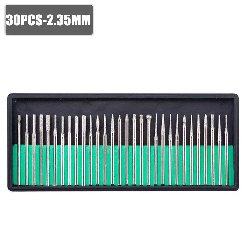 30pcs Shank Diamond Burs Set With Box For Dremel Electric Grinder Power Accessories Abrasive Drill Bit Rotary Tool Set 2.35/3mm