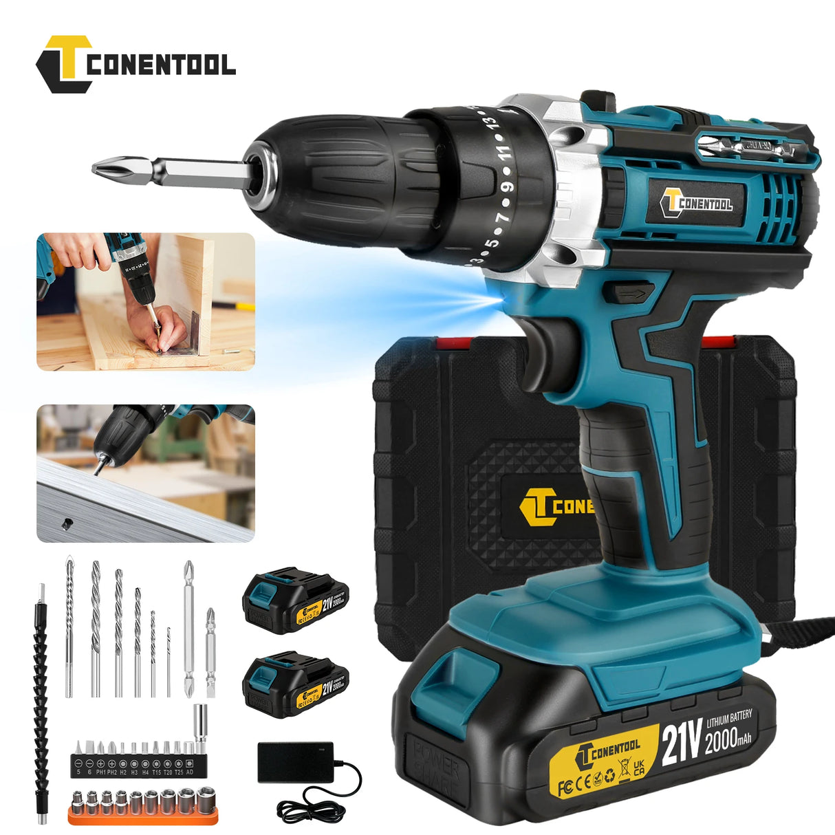 CONENTOOL 10MM 35+3 Torque 48N.m Impact Electric Drill Cordless Electric Screwdriver DIY Household Tool For Makita 21V 2 Battery