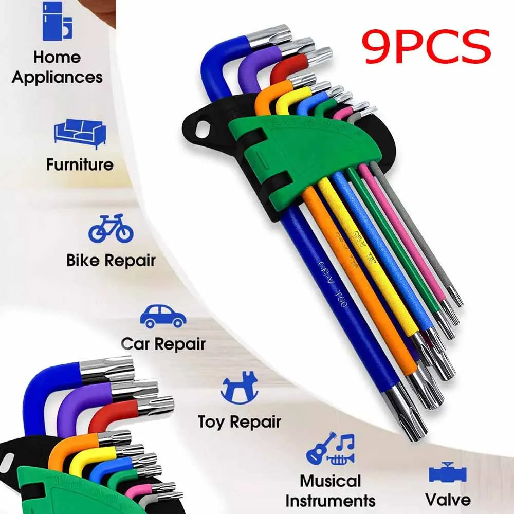 9Pcs Torx Key Set Star End Long Folding Wrench Set T10-T50 Hex Extra Security Colour Coded for Vehicle Bicycle Repairs Tool