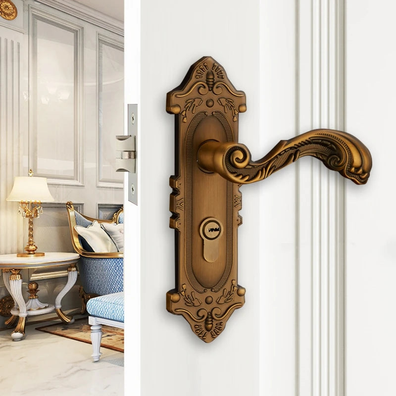 European style antique bronze retro single tongue lock with double doors, indoor bedroom, silent room, hole distance F155