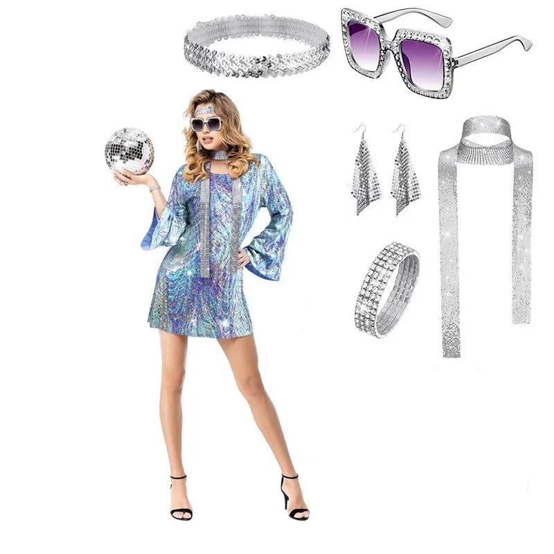 Adult 70s Women Disco Dress Hippie Costumes Necklace Earrings Glasses, 60's Birthday Outfits, 1970s Prom Bling Dress Halloween