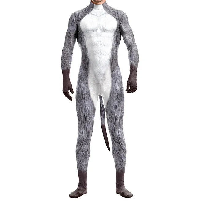 Halloween Costume Adult Mens Wild Animal Cosplay Costume Full Cover 3D Print Beast Petsuit Jumpsuit Bodysuit Tail