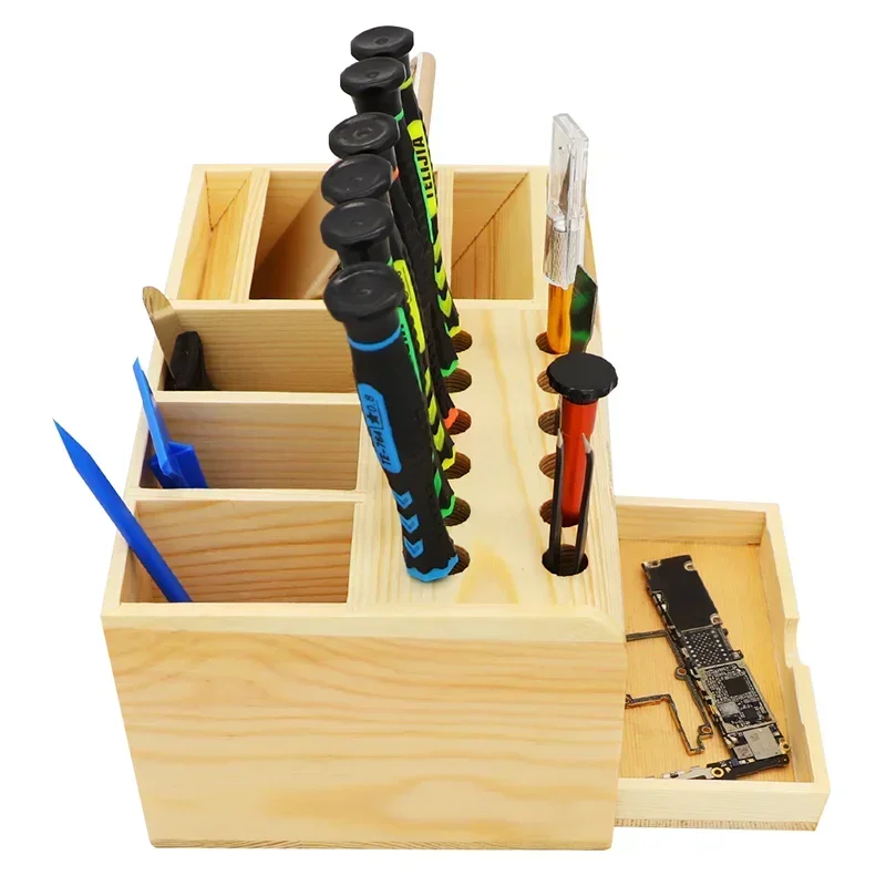 Wooden Multi-Function Storage Box For Mobile Phone Repair Tools Holder Screwdriver/Tweezer Pliers Stand Rack Wood Container