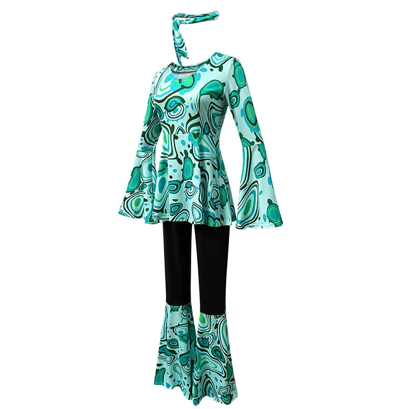 Women 60s 70s Outfits Hippie Costume Set Disco Outfit Dress Boho Flared Pants Hippie Shirt Headband
