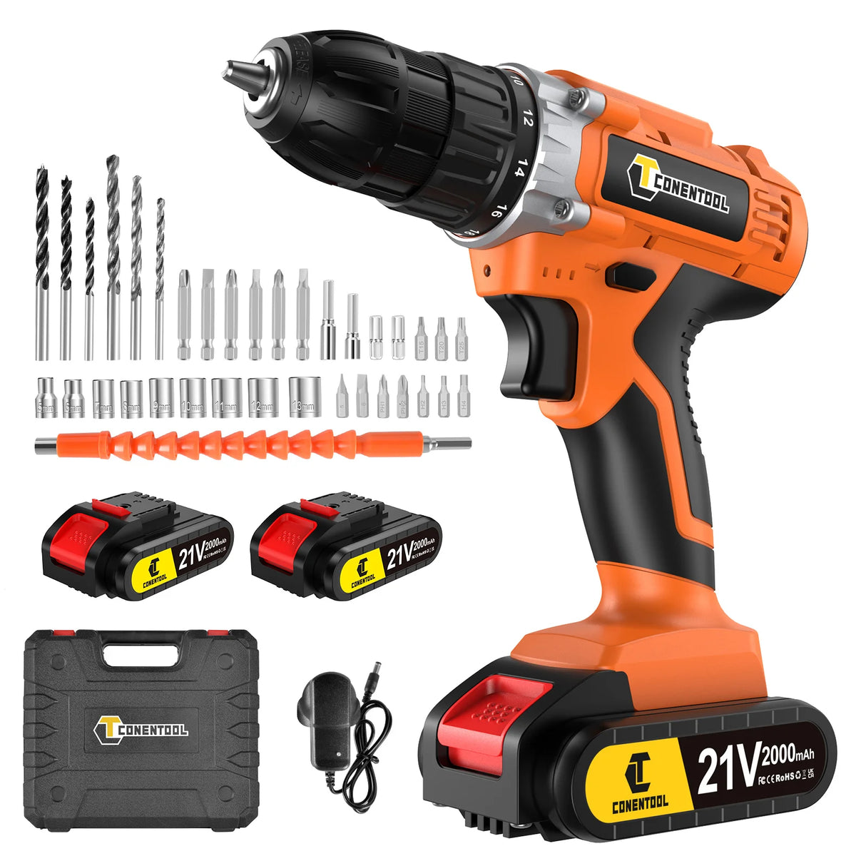 CONENTOOL Cordless Drill Driver 21V, Cordless Hammer Drill with 2 Batteries 2000mAh, 45N.m Combi Drill Screwdriver, LED Light