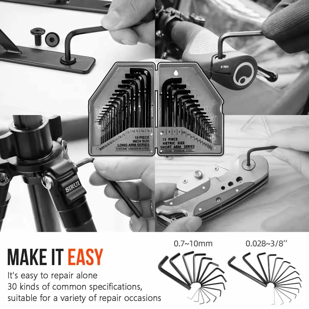 30Pcs Imperial & Metric Hex Allen Key Set Long & Short Arm Allan Alan Alen Hexagonal Steel Wrench Key Kit with Carry Case