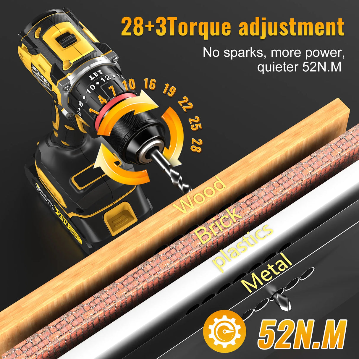 CONENTOOL 21V Brushless Heavy-Duty Impact Drill, 52N.m, 3/8" Keyless Metal Chuck, 28+3 Clutch, Cordless Drill with 2.0Ah Battery